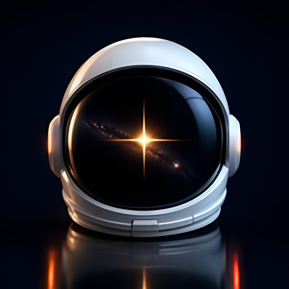An astronaut helmet in the dark, a galaxy in its visor